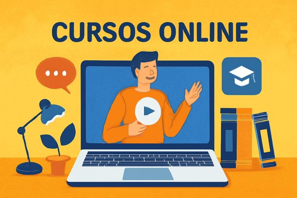 Ilustração colorida de laptop exibindo aula online com professor e elementos de estudo ao redor