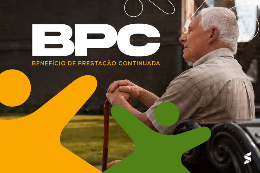 Homem idoso de pele clara sentado com bengala ao lado do logo BPC e texto 