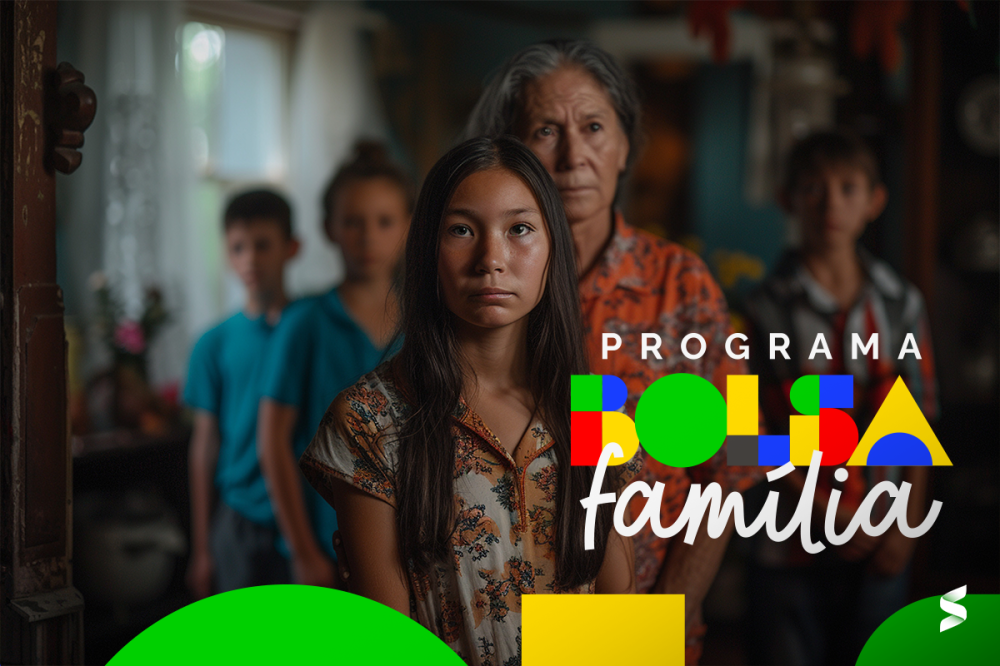 Grupo de pessoas de aparência indígena com logo do Programa Bolsa Família sobreposto.
