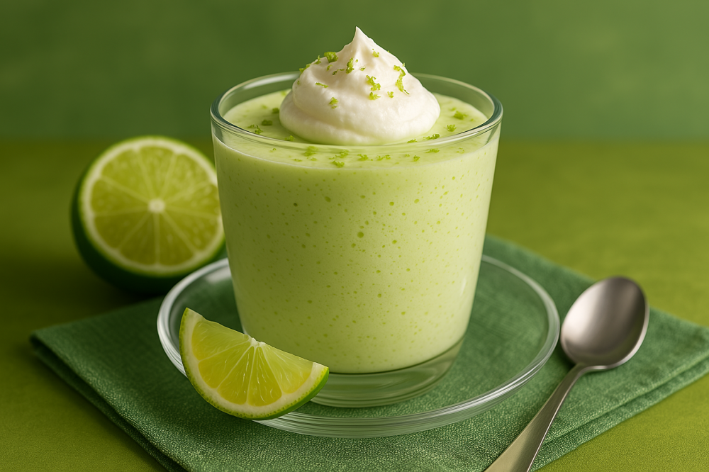 mousse de limão em um recipiente, como uma colher do lado, algumas fatias de limão ao lado