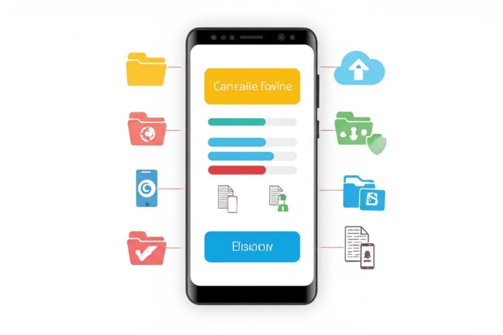 Tela de smartphone exibindo diversas pastas e ícones representando diferentes funcionalidades e categorias digitais.