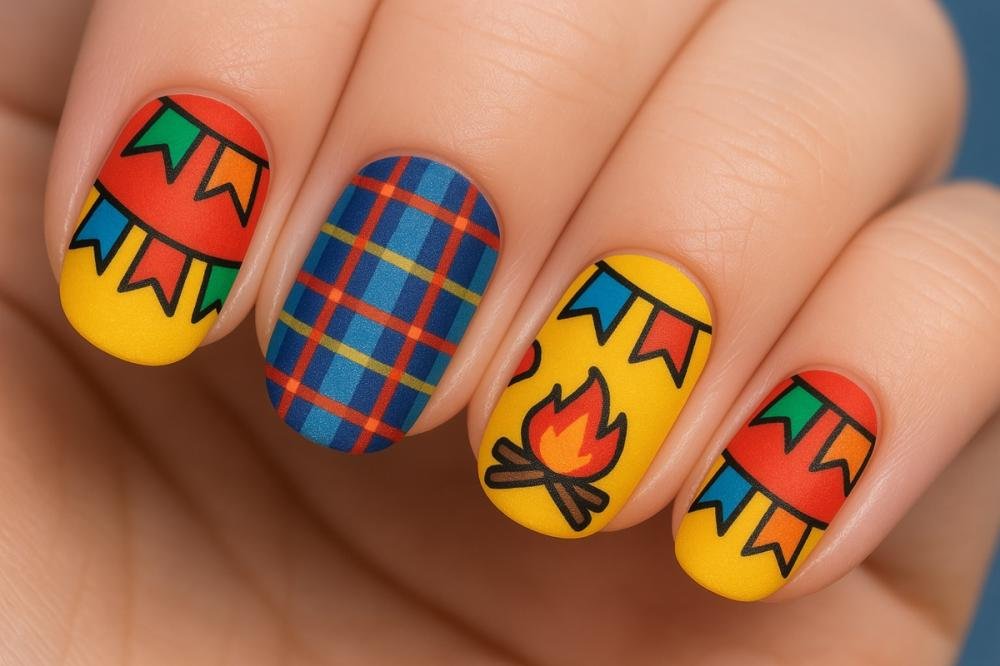 Unhas decoradas com tema de festejos juninos, exibindo bandeirolas coloridas, fogueira vibrante e estampa xadrez.