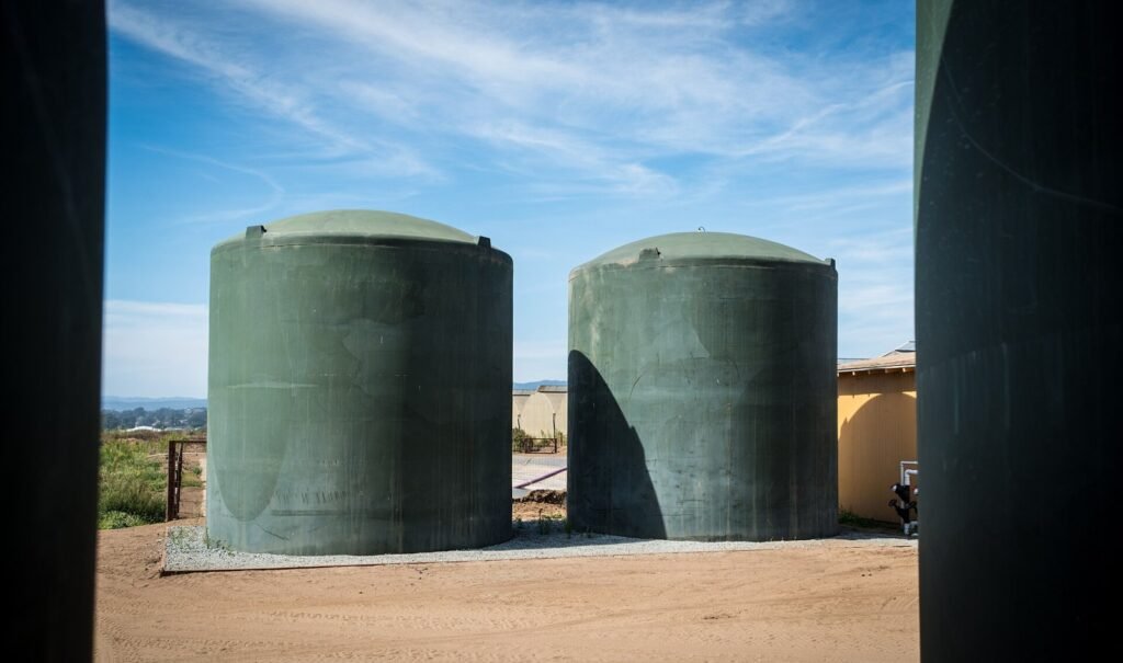 A pair of tanks holds water that was used in a hydroponic greenhouse system at Kitayama Brothers, Inc. (KBI) a family business that was founded in 197