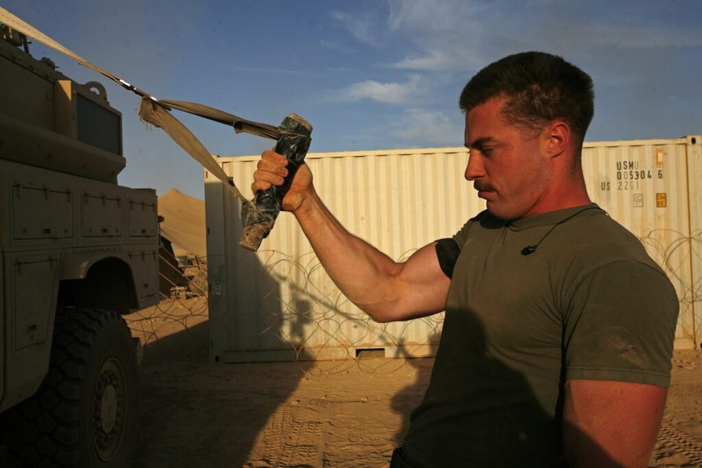 1st Lt. William G. Goodwin, an executive officer for mobility assault company, 2nd Combat Engineer Battalion, uses his home made physical fitness equi