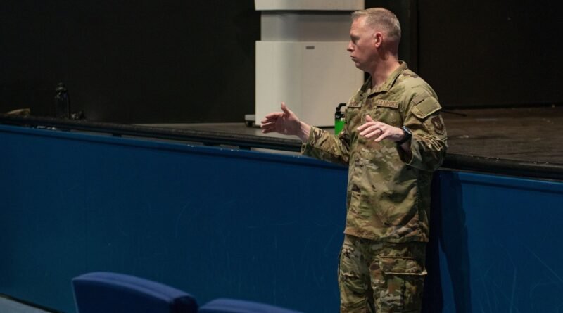 U.S. Air Force Chief Master Sgt. Benjamin Hedden, U.S. Air Forces in Europe – Air Forces Africa command chief, speaks to noncommissioned officers duri
