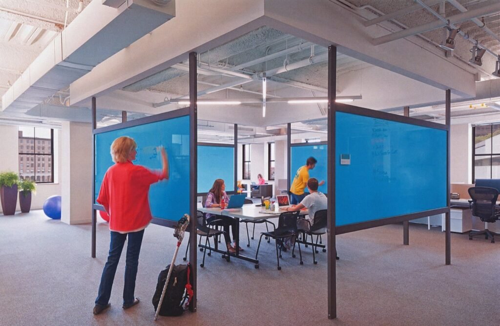 A set of new panels that create a series of custom dry marker walls that define a series of meeting areas, and workspaces for the development of new H