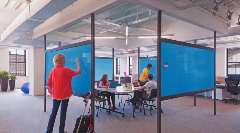 A set of new panels that create a series of custom dry marker walls that define a series of meeting areas, and workspaces for the development of new H