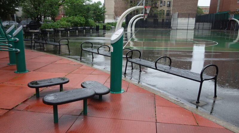The section of HealthBeat outdoor fitness equipment next to the basketball courts in the eastern half of Winthrop Playground (Parkside Playground), be