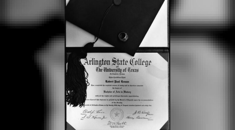 Graduation diploma: Bachelor of Arts in History for Robert Paul Rowan; graduation cap and senior ring; Arlington State College.