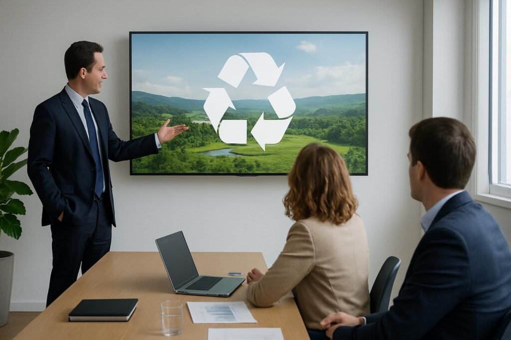 Em uma sala de reuniões, uma pessoa aponta para uma tela com o símbolo de reciclagem sobre uma paisagem verde, enquanto outras pessoas estão sentadas à mesa.