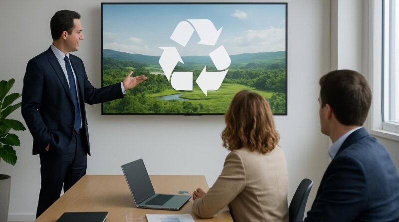 Em uma sala de reuniões, uma pessoa aponta para uma tela com o símbolo de reciclagem sobre uma paisagem verde, enquanto outras pessoas estão sentadas à mesa.