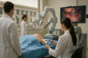 Profissionais de saúde treinam com um sistema de cirurgia robótica ao lado de uma tela que exibe um procedimento.