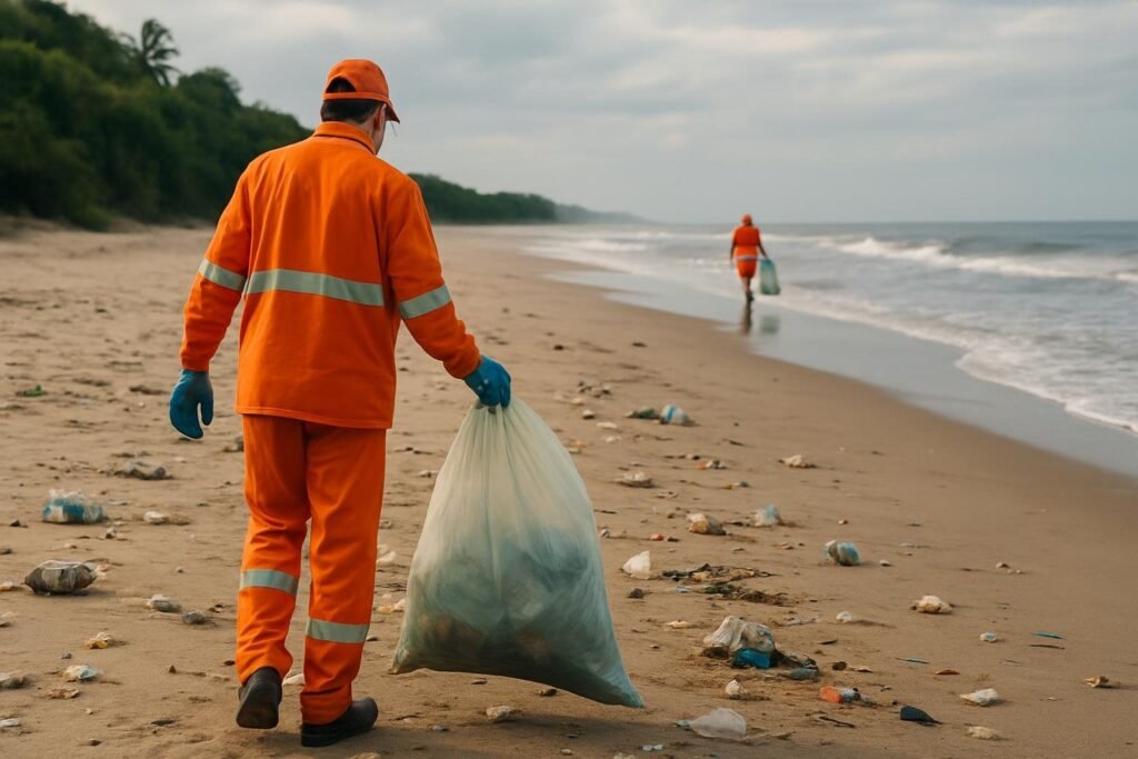 Trabalhador com uniforme laranja recolhe resíduos em uma praia, enquanto outra pessoa limpa a areia mais ao fundo.