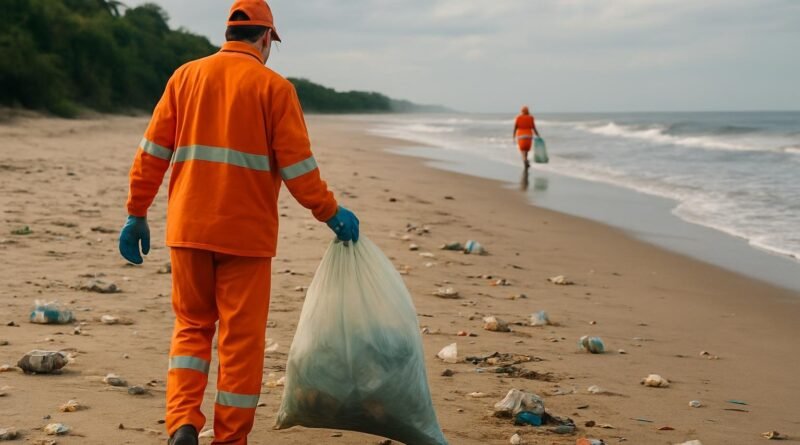 Trabalhador com uniforme laranja recolhe resíduos em uma praia, enquanto outra pessoa limpa a areia mais ao fundo.