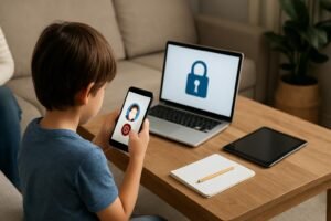 Uma criança usa um celular diante de um computador portátil com um símbolo de cadeado na tela.