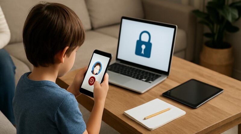 Uma criança usa um celular diante de um computador portátil com um símbolo de cadeado na tela.