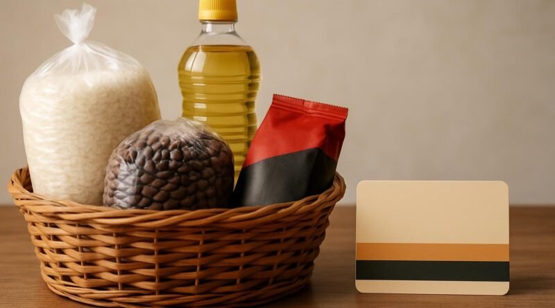 Cesta de vime com arroz, feijão, óleo e café ao lado de um cartão sem identificação.