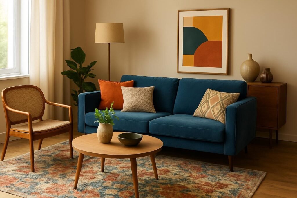 Sala de estar com sofá azul, poltrona de madeira, tapete estampado, mesa de centro e quadro abstrato na parede.