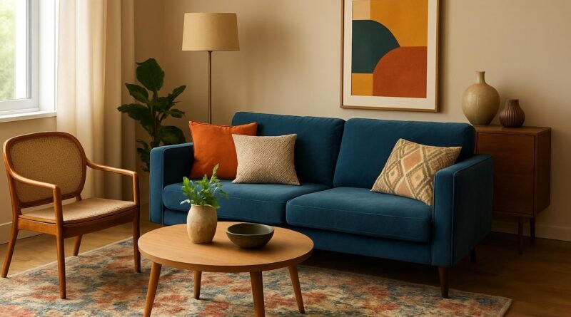Sala de estar com sofá azul, poltrona de madeira, tapete estampado, mesa de centro e quadro abstrato na parede.