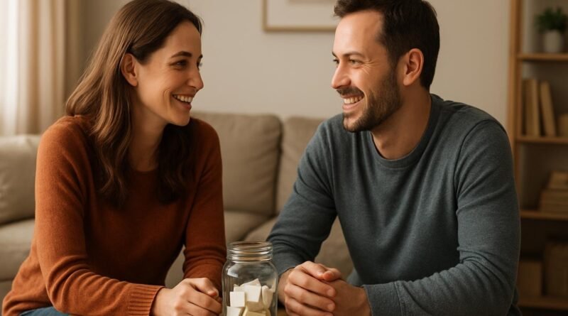 Casal sorrindo um para o outro à mesa, com um pote de papéis entre eles.