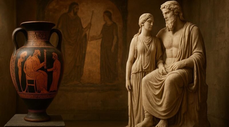 Estátua de um homem sentado ao lado de uma mulher, com um vaso grego decorado em primeiro plano.