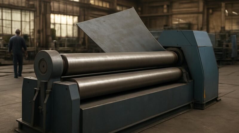 Calandra industrial de rolos em uma oficina metalúrgica, com uma chapa apoiada sobre a máquina.