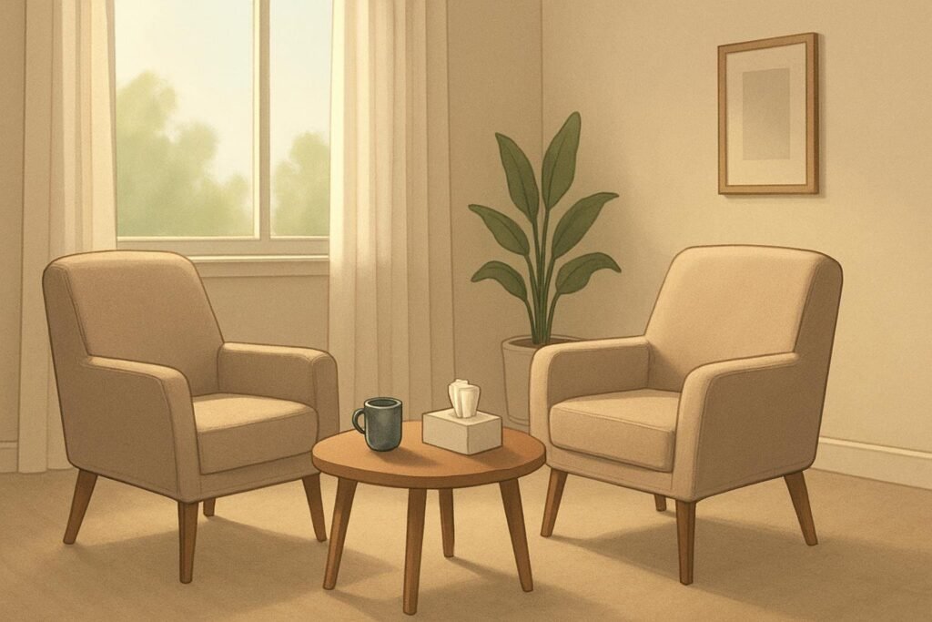 Duas poltronas em uma sala iluminada, com uma mesa pequena e uma planta ao fundo.