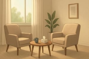 Duas poltronas em uma sala iluminada, com uma mesa pequena e uma planta ao fundo.
