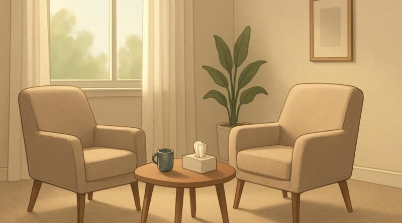 Duas poltronas em uma sala iluminada, com uma mesa pequena e uma planta ao fundo.