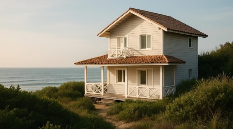 Casa de dois andares cercada por vegetação, com o mar ao fundo.