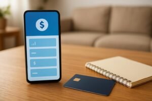 Celular com uma interface financeira genérica, cartão e caderno sobre uma mesa de madeira.