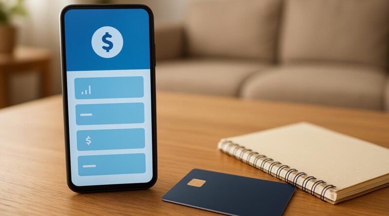 Celular com uma interface financeira genérica, cartão e caderno sobre uma mesa de madeira.