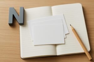 Caderno aberto com cartões em branco e lápis sobre uma mesa de madeira, ao lado de uma letra N tridimensional.