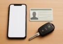 Celular com tela em branco, cartão de identificação genérico e chave de carro sobre uma mesa de madeira.