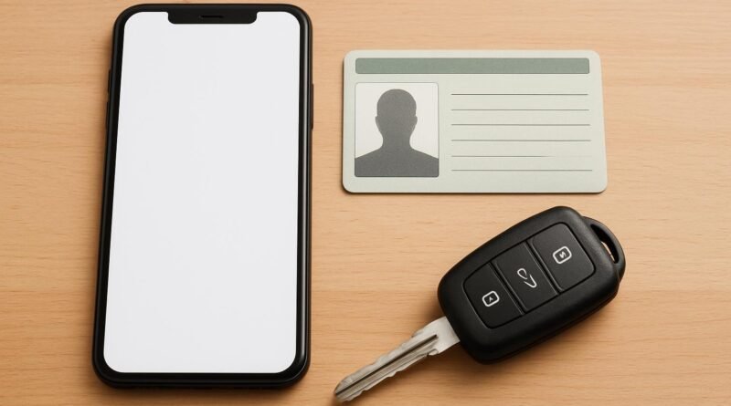 Celular com tela em branco, cartão de identificação genérico e chave de carro sobre uma mesa de madeira.