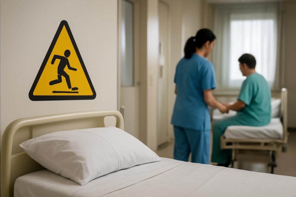 Em um quarto de hospital, uma profissional de saúde auxilia uma pessoa sentada na cama; ao lado, há um aviso amarelo de risco de escorregamento.