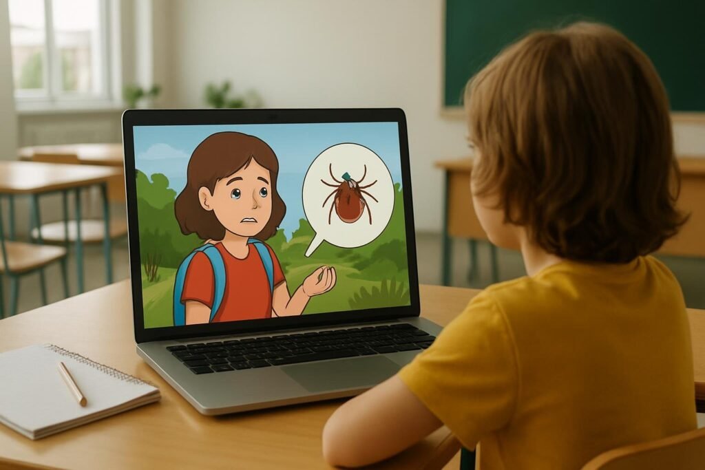 Criança sentada à mesa observa no laptop uma animação sobre um carrapato.