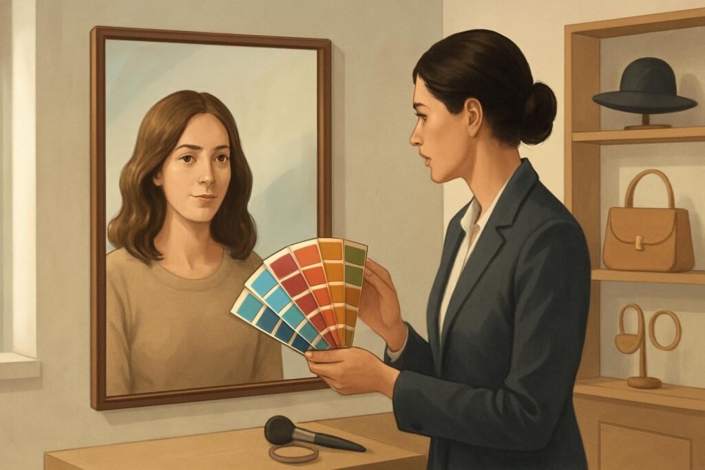 Uma consultora mostra amostras de cores a uma cliente sentada diante de um espelho.